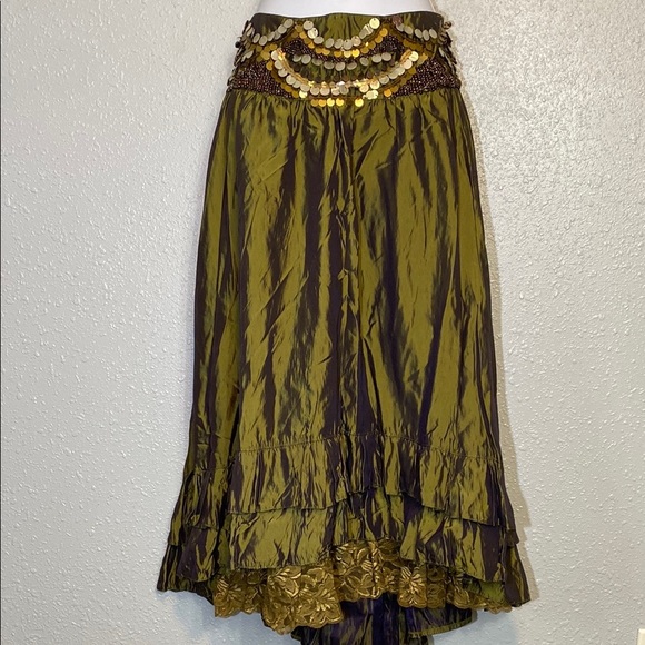 In Love Paris by Carling Metallic Green Boho Embellished Ruffled Midi Skirt - Picture 1 of 8
